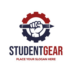 Dynamic logo combines a student's fist holding a pencil within a gear, symbolizing technical education and mechanical skills. Ideal for engineering schools or vocational training. Represents learning.