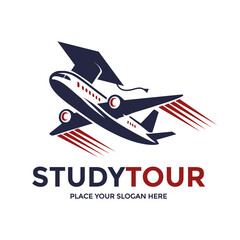Dynamic logo combines an airplane with a graduation cap, symbolizing educational travel. Ideal for study abroad programs, student tours, or international learning initiatives. Represents a journey of 