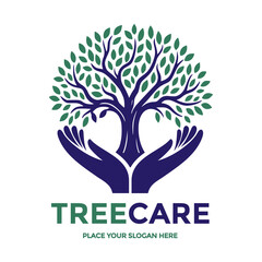 Tree care vector logo template. This design use hand symbol. Suitable for nature.