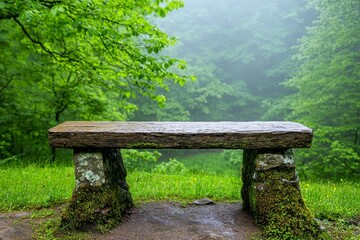 Stone Bench in Misty Green Forest