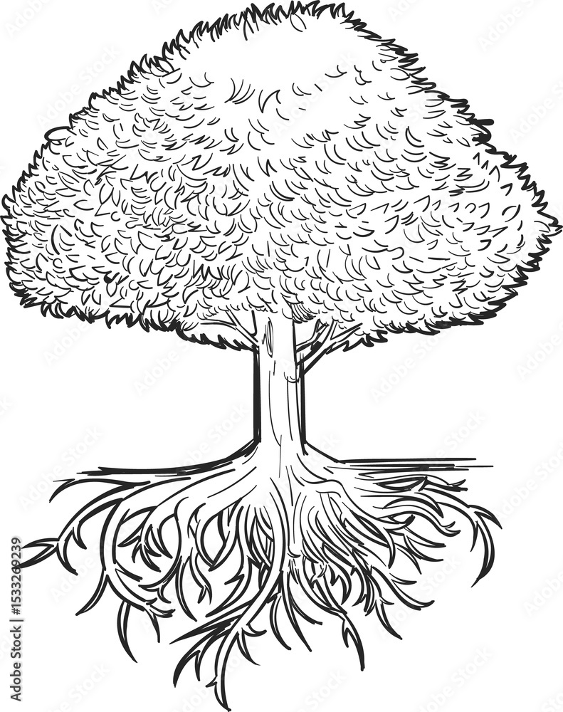 Poster showing stylized deciduous tree with full foliage and root system in line drawing, clear background