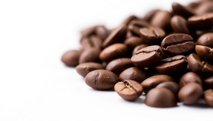 Naklejka premium Close-up of dark roasted coffee beans on white background, rich, roasted, organic