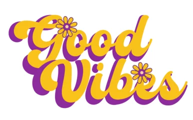 Lichtdoorlatende gordijnen Good Vibes typography floating on transparent background with yellow fill, purple shadow, daisies © vectorfusionart