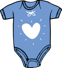 Flat design pastel blue baby bodysuit is floating on transparent canvas with white heart icon
