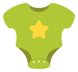 Green baby bodysuit is being shown in flat design with yellow star on transparent background