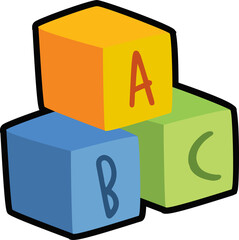 Vector cubes in yellow-orange, blue, light green are stacking pyramid on transparent bg showing ABC
