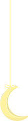 Hanging pale yellow crescent moon by thin string with bow in flat design, transparent background