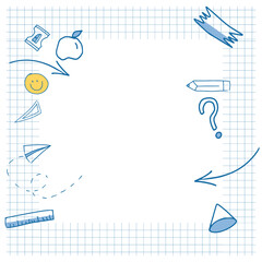 Centering slate rectangle on grid paper, apple pencil doodles on transparent background, copy space