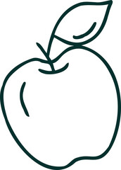 Stylized apple line-drawn illustration is showing bold line art on transparent background with leaf