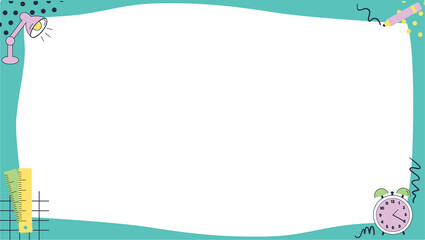 Naklejka premium Featuring flat chalkboard frame with pink lamp, pencil, ruler, clock, grid, transparent background