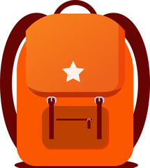 Showing orange backpack in flat vector, star emblem, zip pocket, strap buckles on clear background
