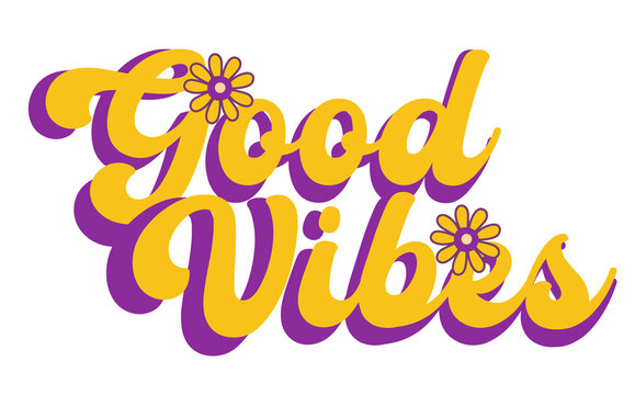 Fototapeta Good Vibes typography floating on transparent background with yellow fill, purple shadow, daisies