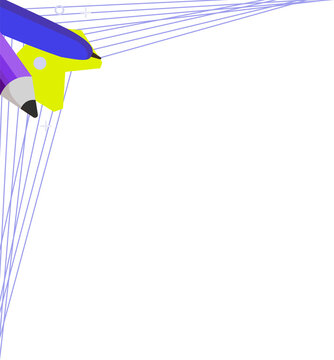 Yellow blue purple stylized pencils are radiating guide lines on transparent background, copy space