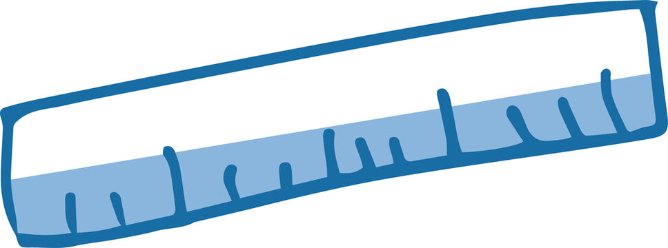 Displaying cartoon two-tone blue ruler tilting diagonally with dark ticks, transparent background