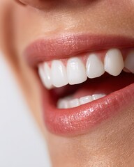 Obraz premium Close-up of a smiling woman showing perfectly white, clean teeth.