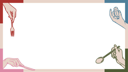 Flat design is showing hands holding fork knife spoon shaker on transparent background, copy space