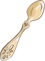 Flat design spoon is shining with gold tones, floral cutouts on transparent background, copy space