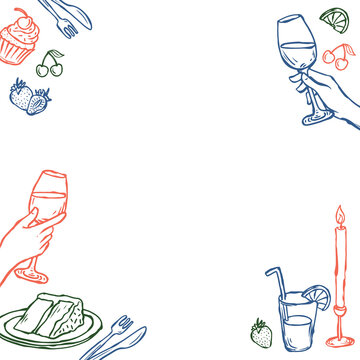 Naklejki Stylized cupcake wine glass border is being shown on transparent background in multicolor line art