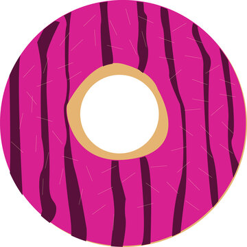 Naklejki Frosted donut floating in flat style on transparent layer, showing magenta icing and purple stripes