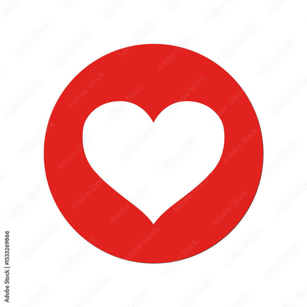 Poster flat design red circular badge is featuring white heart icon floating on transparent background
