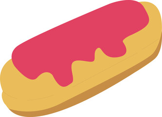 Elongated eclair showing dripping pink icing over golden dough, flat design transparent background