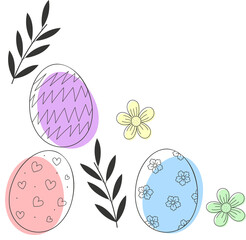 Fototapeta premium Decorative Easter eggs and plant motifs are floating in minimal hand-drawn art, clear background