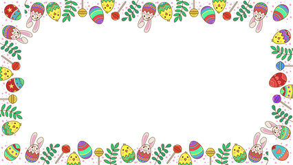 Fototapeta premium Easter flat design border is showing eggs, bunnies, leaves, candy, clear background, copy space