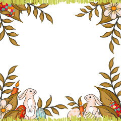 Fototapeta premium Easter-themed frame is showcasing flat rabbits, eggs, candles on transparent background, copy space