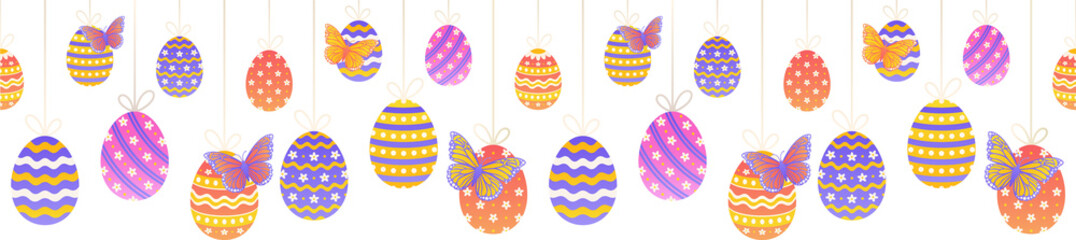 Seamless Easter egg pattern is hanging from white bows on transparent layer with butterflies