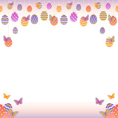 Flat Easter border is showing eggs with bows, butterflies on transparent background, copy space