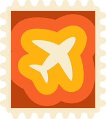 Airplane silhouette is floating in flat stamp border with orange-yellow layers on clear background