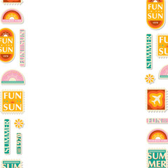 Flat retro summer stickers are framing transparent background with sun and plane icons, copy space © vectorfusionart