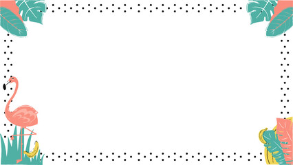 Showing teal coral leaves flamingo bananas in dotted border on transparent background, copy space