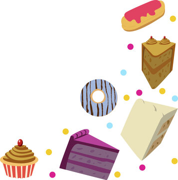 Naklejki Colorful flat icons are floating on clear backdrop with éclair, donut, cake slice, cupcake, dots