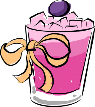 Naklejki Showing flat pink cocktail glass with golden ribbon, ice and purple fruit, transparent background