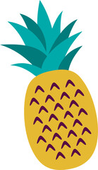 Pineapple is showing purple markings and teal leaves in flat design on transparent background