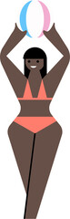 Figure in coral swimsuit is holding striped beach ball overhead, flat design transparent background