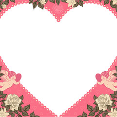 Floral heart vector is featuring cherubs holding pink hearts, cream roses on transparent background