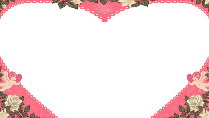 Flat heart frame is showing scalloped edge with beige roses on transparent background, copy space