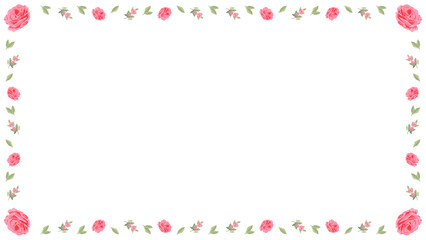 Flat design floral frame is showing pink rose blooms and leaves, transparent background, copy space