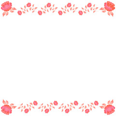 Stylized rose vines are making flat border with pink coral blossoms and leaves on transparent layer