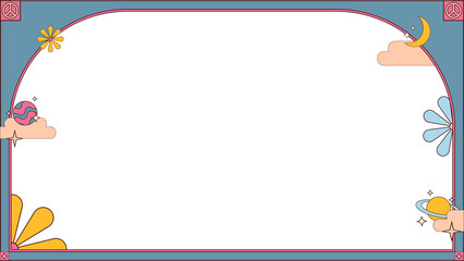 Flat design frame is floating on transparent background with pastel clouds moon planet peace icons