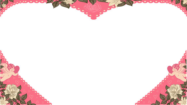 Flat heart frame is showing scalloped edge with beige roses on transparent background, copy space