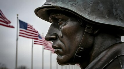 Soldier statue cries at war memorial with USA flags backdrop. Ideal for 4th of July, Symbol of sacrifice, remembrance, Memorial Day, Veterans Day, historical documentaries, and political stories. - Powered by Adobe