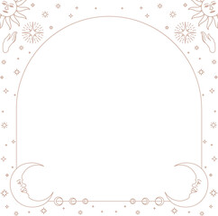 Line-art frame is showing sun motifs, moon faces, stars and planet orbits on transparent background
