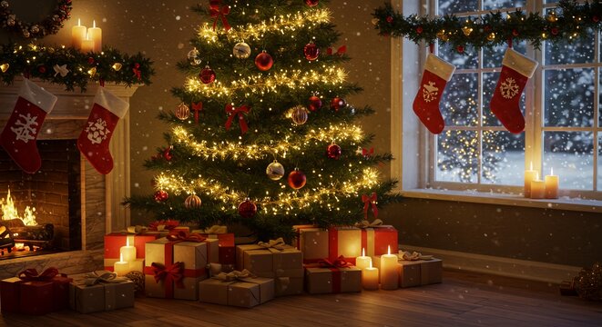 christmas tree with gifts and decorations