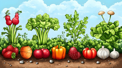 Colorful garden display of various vegetables and herbs.
