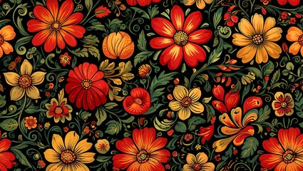Vibrant Floral Pattern Red and Gold Flower Textile Design