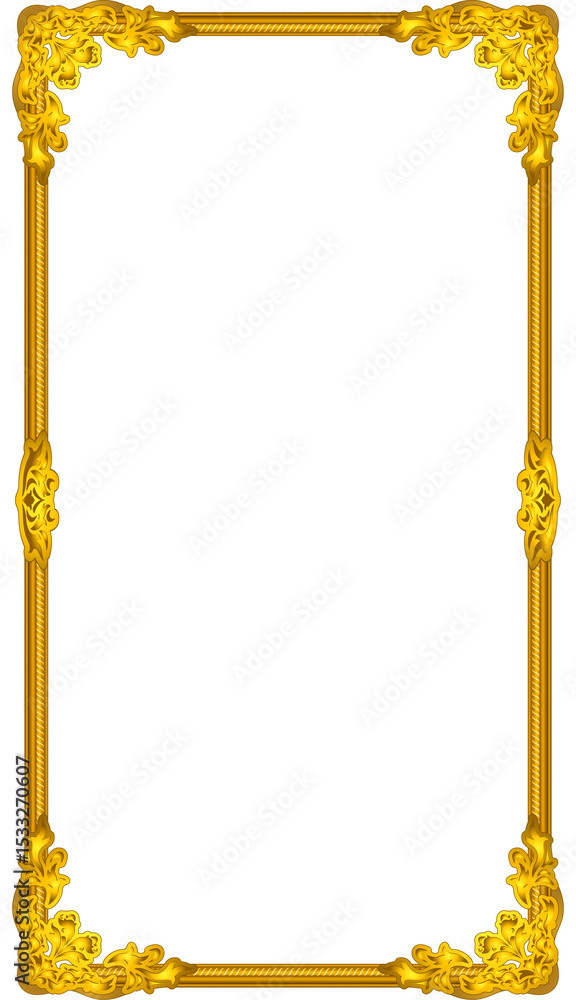 Poster gilded border frame is floating in flat design on transparent background with ornate gold accents