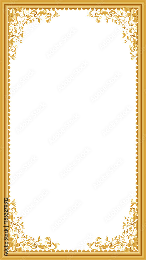Poster ornate gold frame is showcasing zigzag border and scrollwork on transparent background, copy space